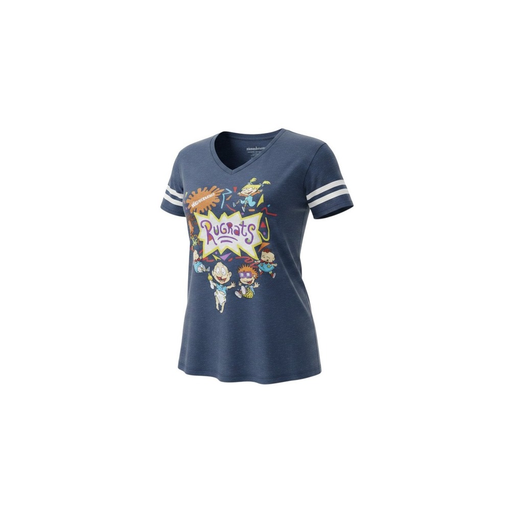 Nickelodeon Rugrats Graphic Tee Womens L Blue NWT V-Neck Athletic Stripe Sleeve